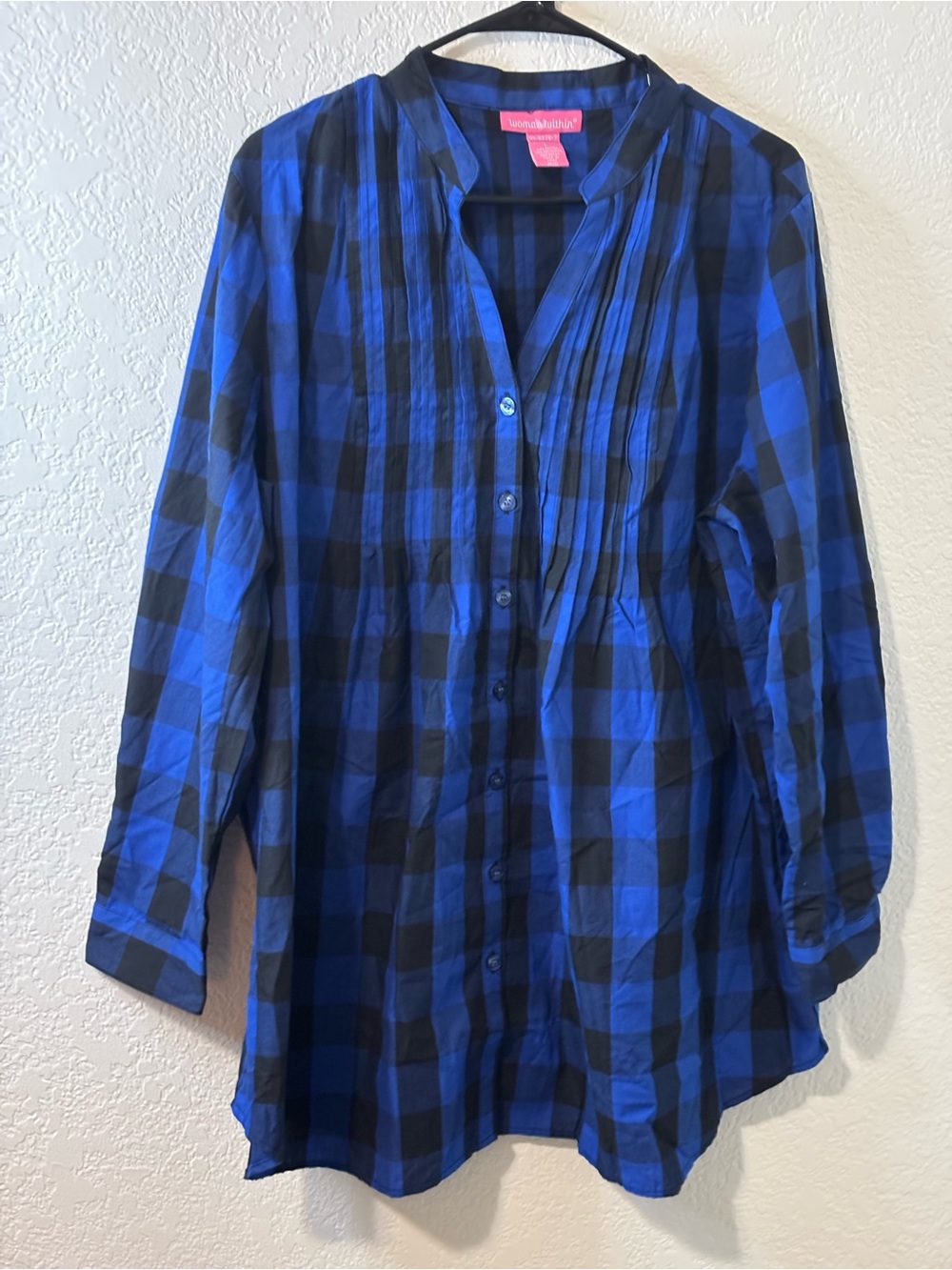 Woman Within Large Blue Plaid Pintuck Tunic Blouse - Lagenlook Whimsigoth size L
